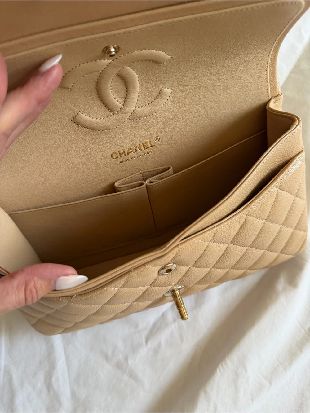CHANEL Beige Quilted Medium Double Flap Bag with Gold Hardware